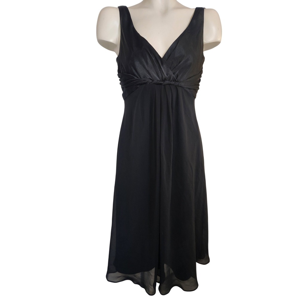 Jones New York Dress 6 Black Satin Chiffon Ruched V-Neck Midi DressLBD Formal‎